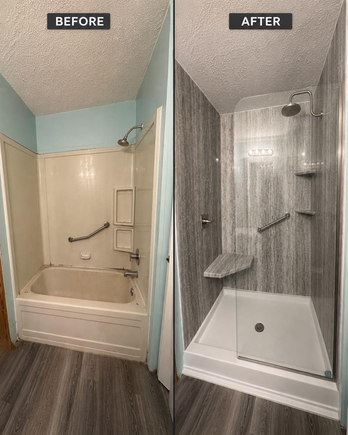 Before and after of a tub-to-shower conversion, dated tub replaced with a walk-in shower